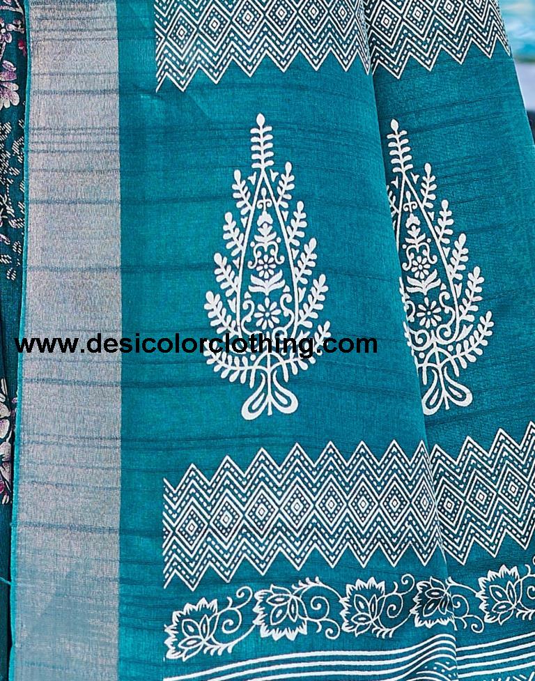 Teal Blue Silk Printed Saree