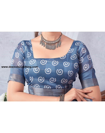 Blue Printed Cotton Saree