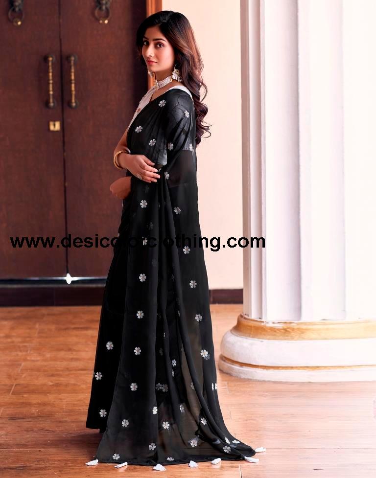 Black Georgette Embroidery Saree