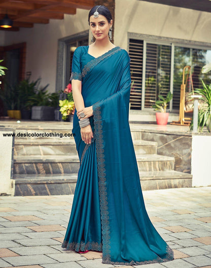 Dark Blue Satin Silk Saree with Stone Work Border & Matching Blouse