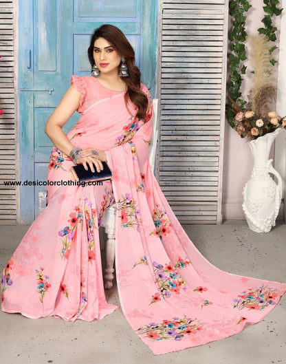 Pink Georgette Floral Printed Saree