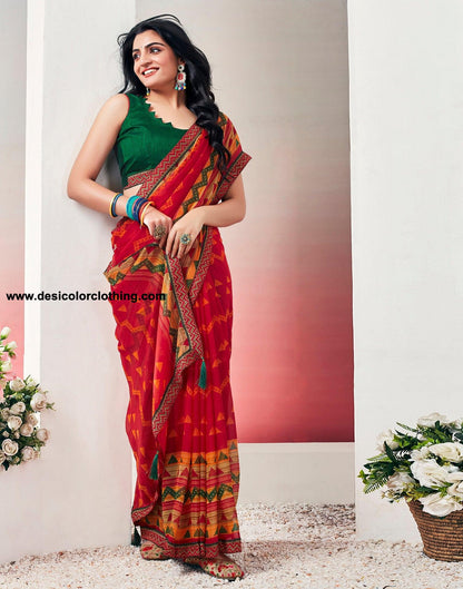 Red Chiffon Printed Saree
