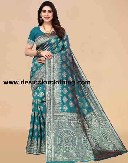 Teal Jacquard Banarasi Silk Saree
