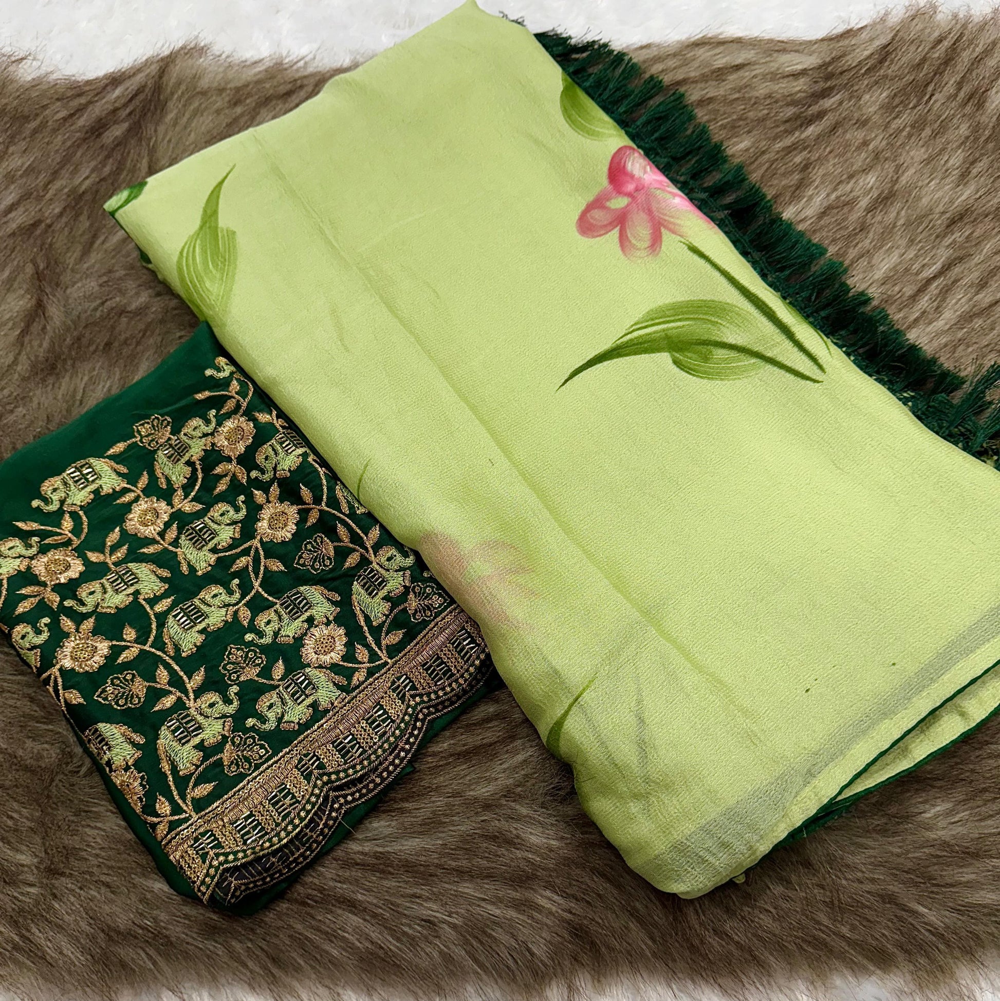 Product Image - Mahek Designer Saree - Kiwi Crush Fabric with Brush Paint & Handwork Blouse