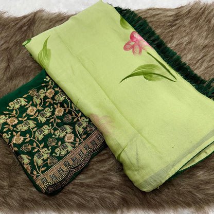 Product Image - Mahek Designer Saree - Kiwi Crush Fabric with Brush Paint & Handwork Blouse
