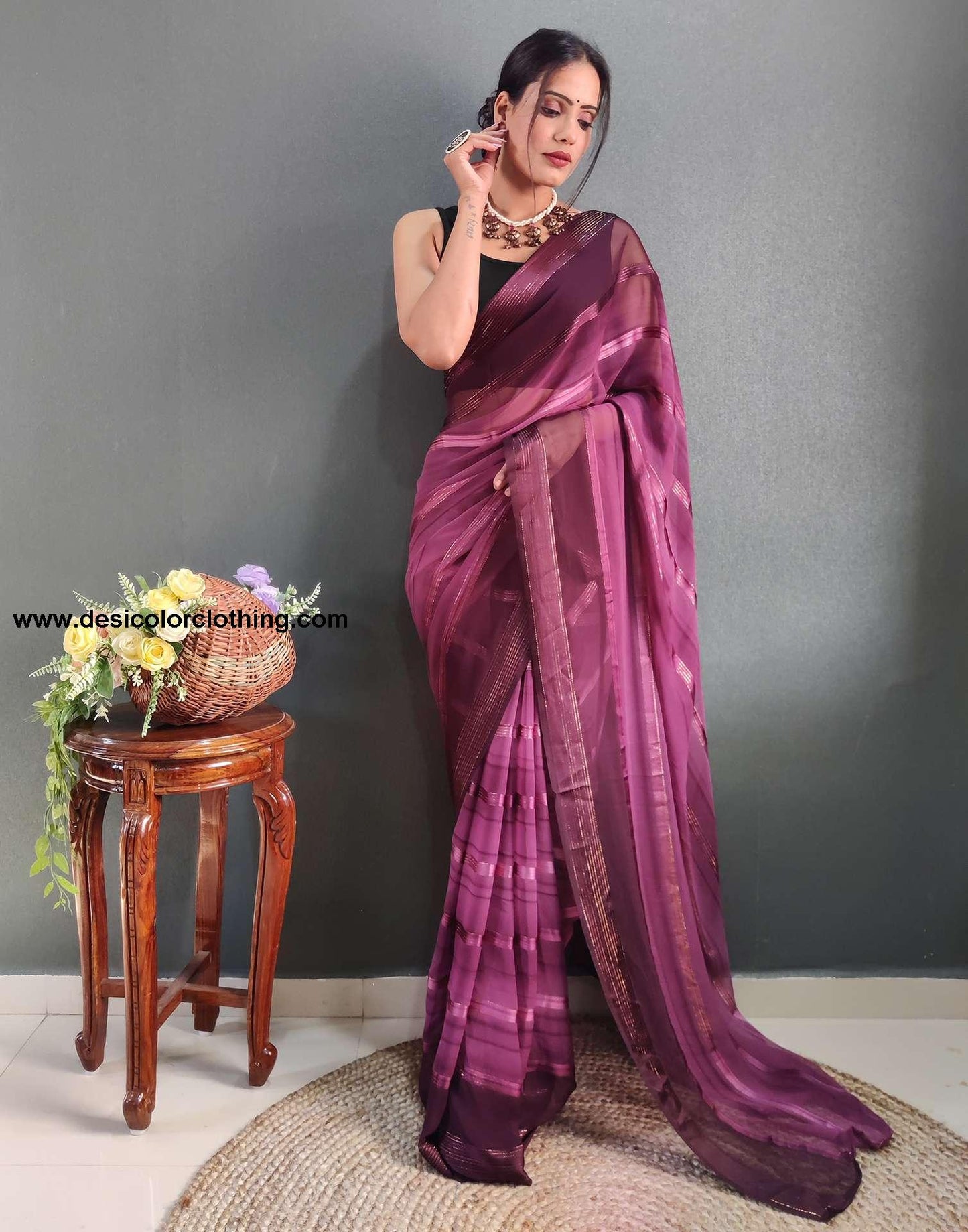 Purple Weaving Georgette Pre-draped Saree
