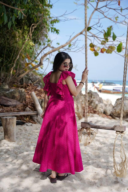 Product Image - Pink Blossom Designer Schiffli Cotton Dress - Perfect Festive Wear