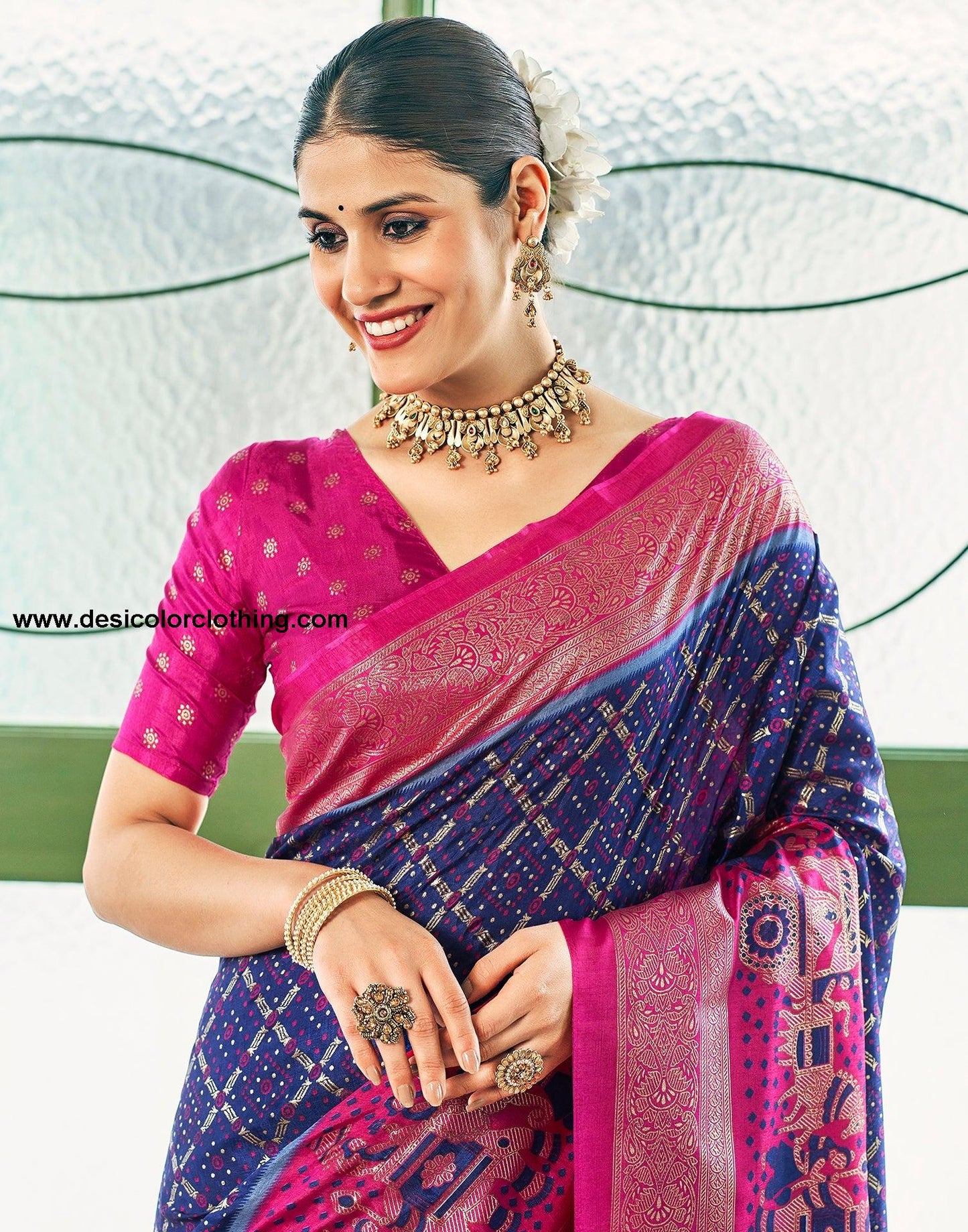 Dark Blue Silk Printed Saree