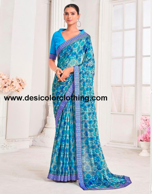 Blue Chiffon Printed Saree