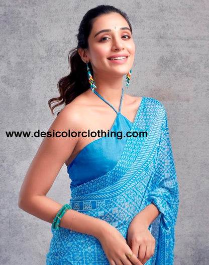 Blue Chiffon Printed  Saree