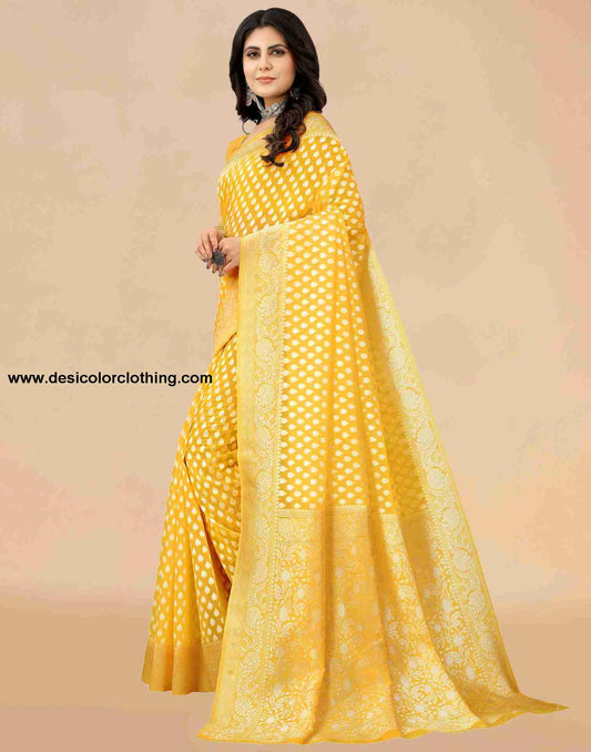 Yellow Cotton Plain Saree