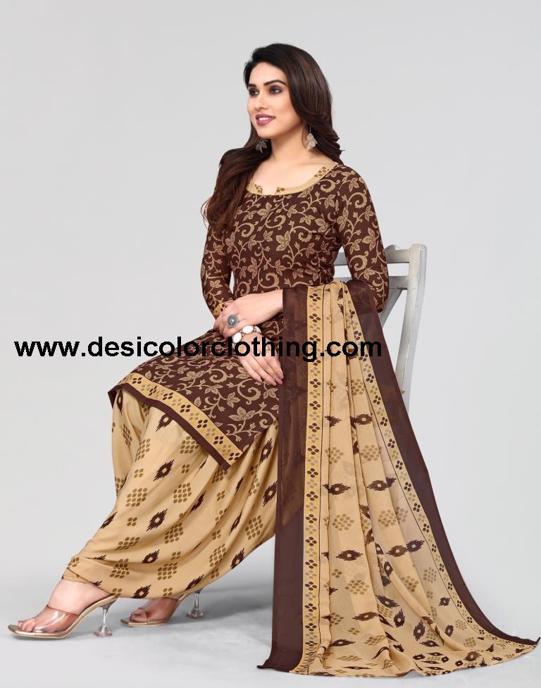 Brown Printed Unstitched Salwar Suit Material