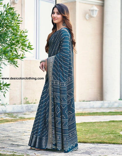 Sea Blue Silk Printed Saree