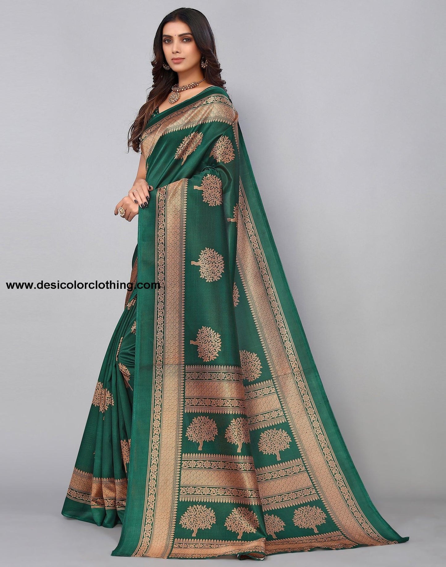 Bottle Green Silk Printed Saree
