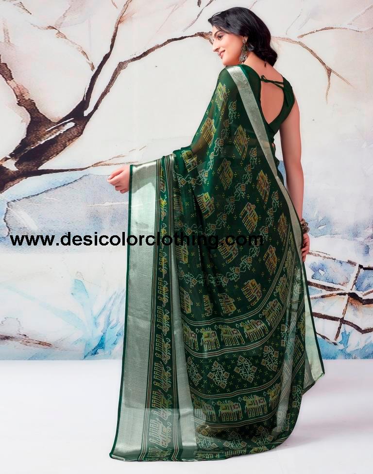 Dark Green Chiffon Printed  Saree