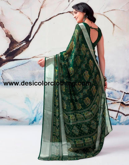 Dark Green Chiffon Printed  Saree