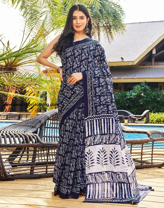 Dark Blue Printed Cotton Pre-Draped Saree
