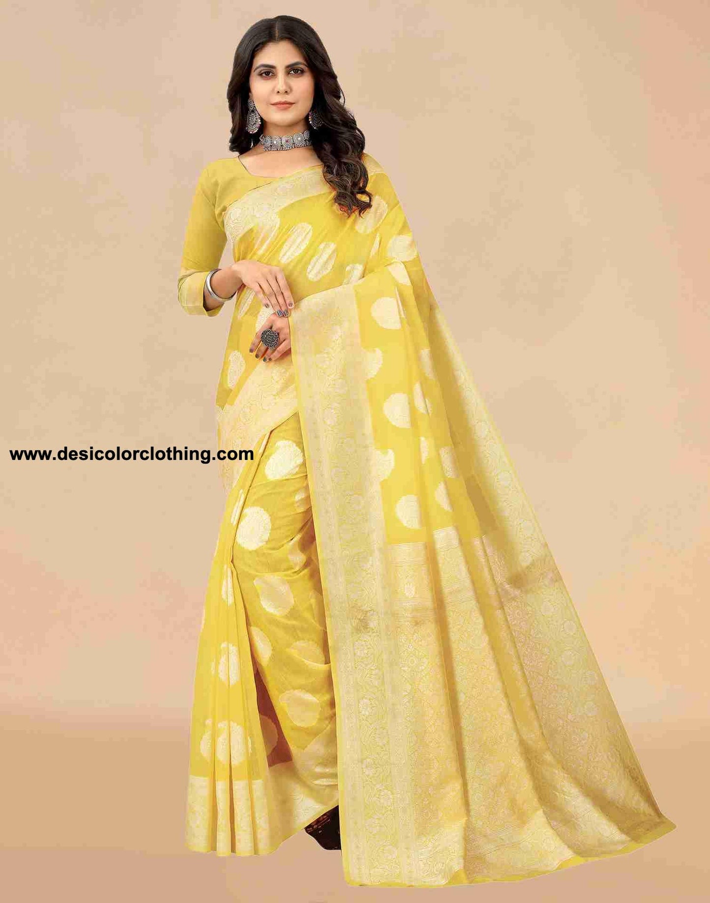 Yellow Cotton Plain Saree