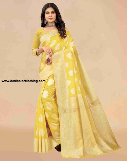 Yellow Cotton Plain Saree