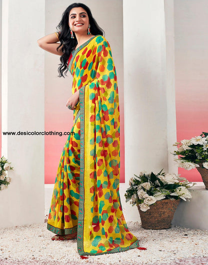 Yellow Chiffon Printed Saree
