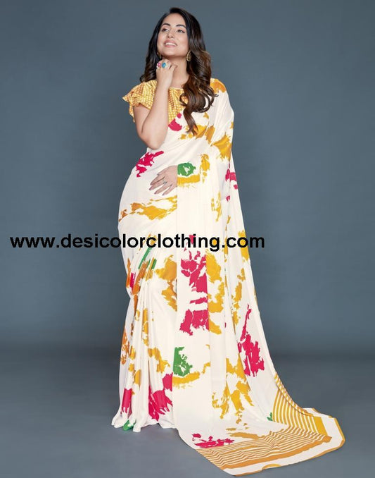 White Coloured silk Satin Printed Saree