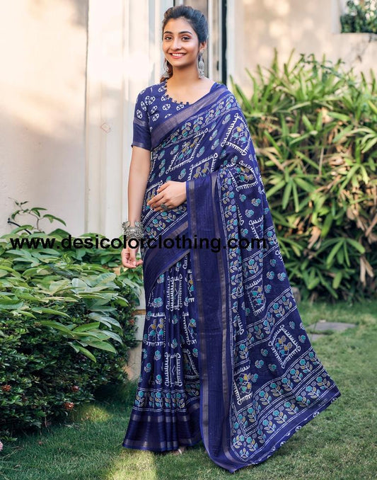Dark Blue Silk Printed Saree