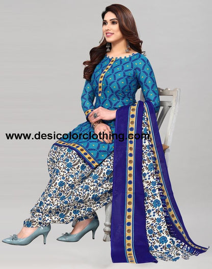 Blue Printed Cotton Unstitched Salwar Suit Material