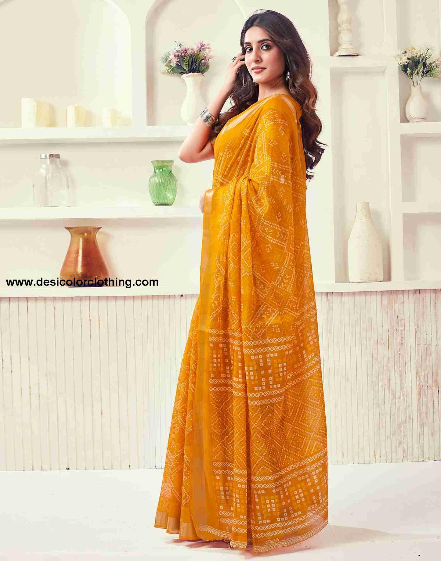 Yellow Cotton Printed Saree