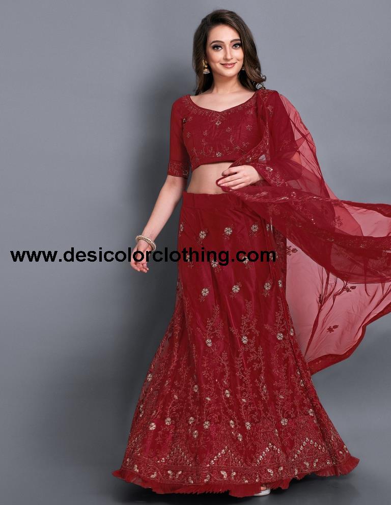 Outstanding Red Coloured Net Emroidered Laced Casual Wear Lehenga | SLV113L10319