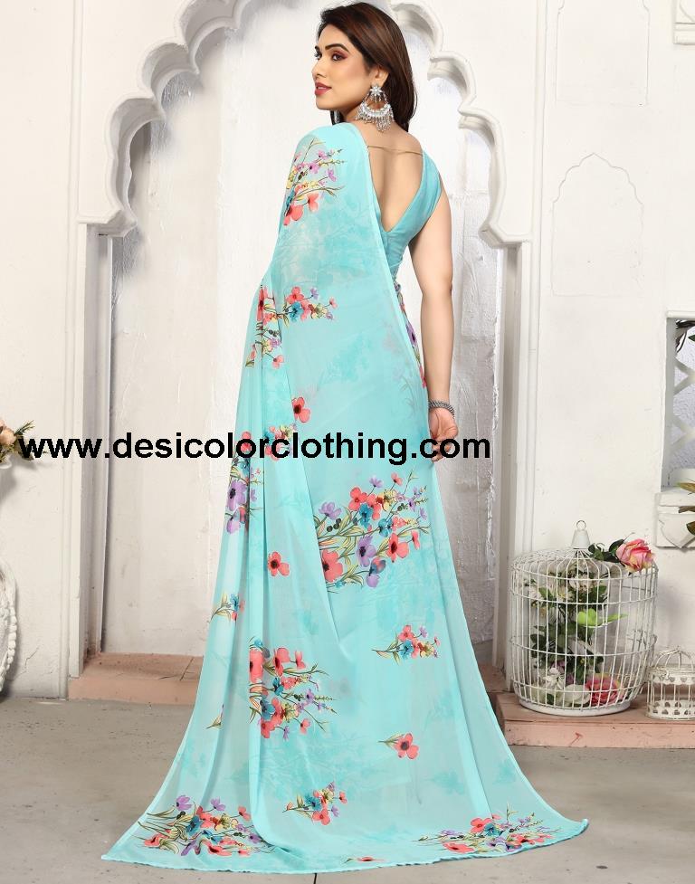 Sky Blue Georgette Printed Saree