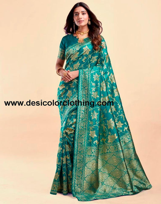 Teal Green Silk Plain Saree