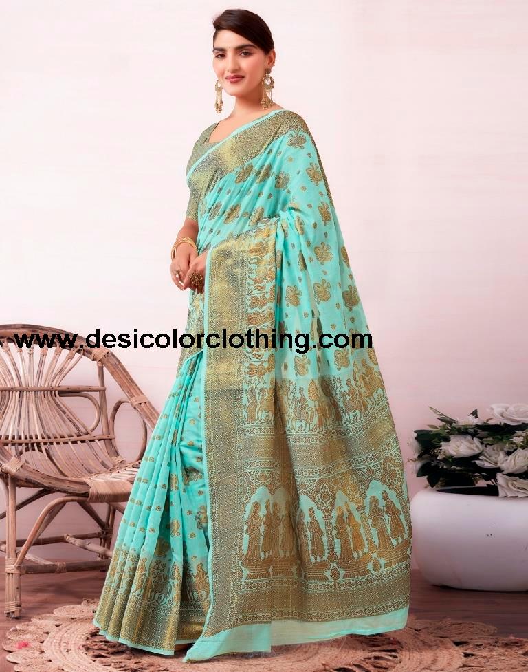 Elegant Blue and Golden Cotton Silk Saree with Plain Woven Design and Matching Blouse