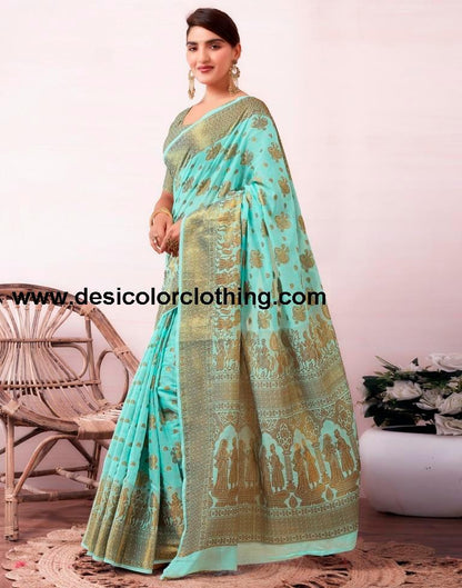 Elegant Blue and Golden Cotton Silk Saree with Plain Woven Design and Matching Blouse