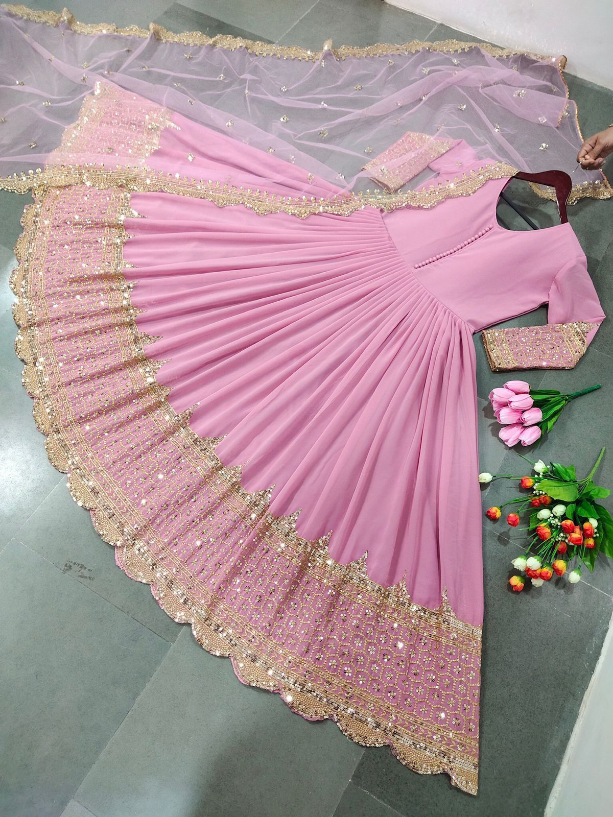 Product Image - Designer Party Wear Gown with Georgette Fabric & Embroidery