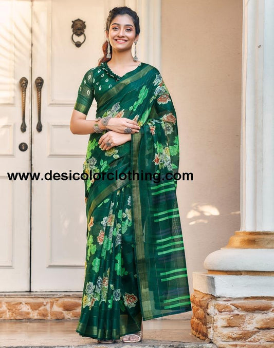 Dark Green Cotton Printed Saree