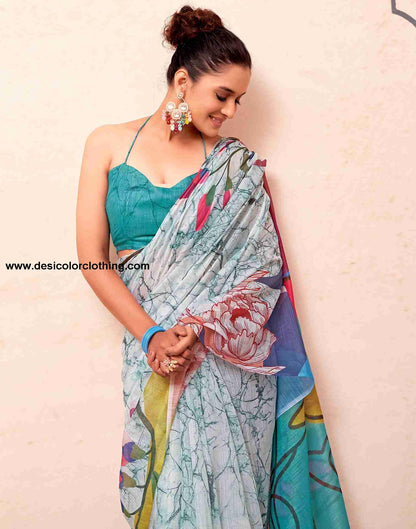 Turquoise Cotton Printed Saree