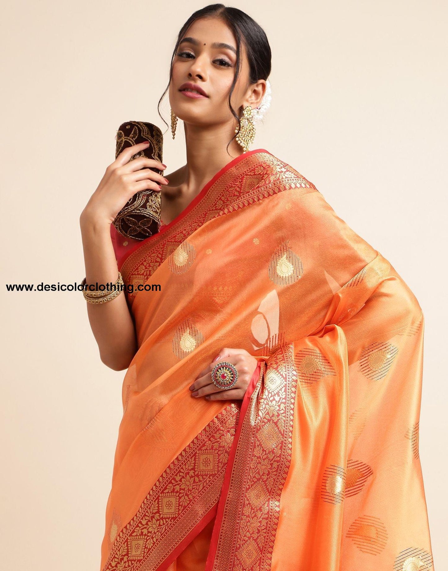 Orange Silk Banarasi Saree
