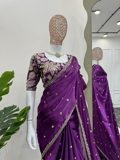 Product Image - Elegant Zimmy Choo Satin Saree with Sequence Embroidery