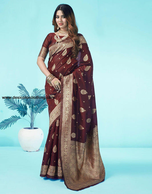 Brown Jacquard Silk Saree