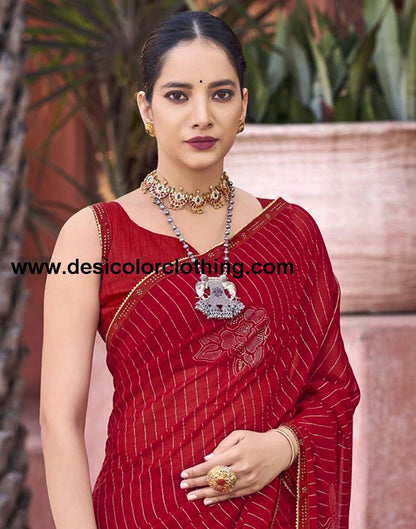Red Striped Chiffon Printed Saree