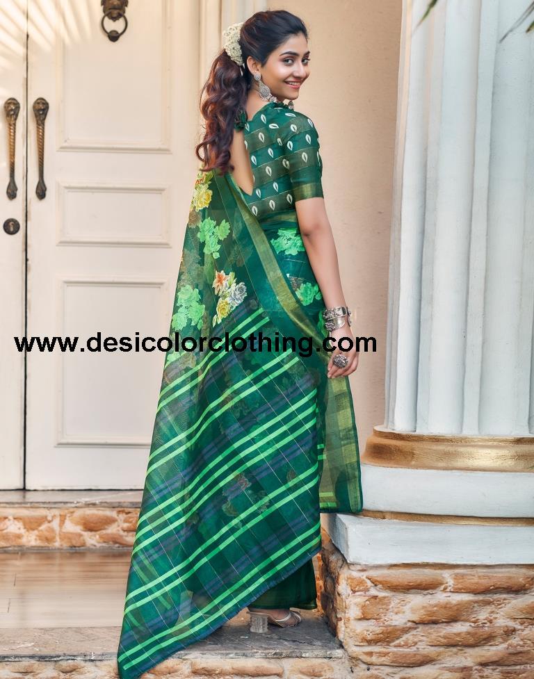 Dark Green Cotton Printed Saree