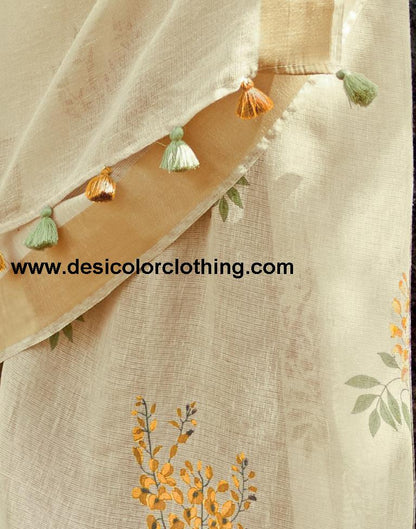 Cream Cotton Printed  Saree