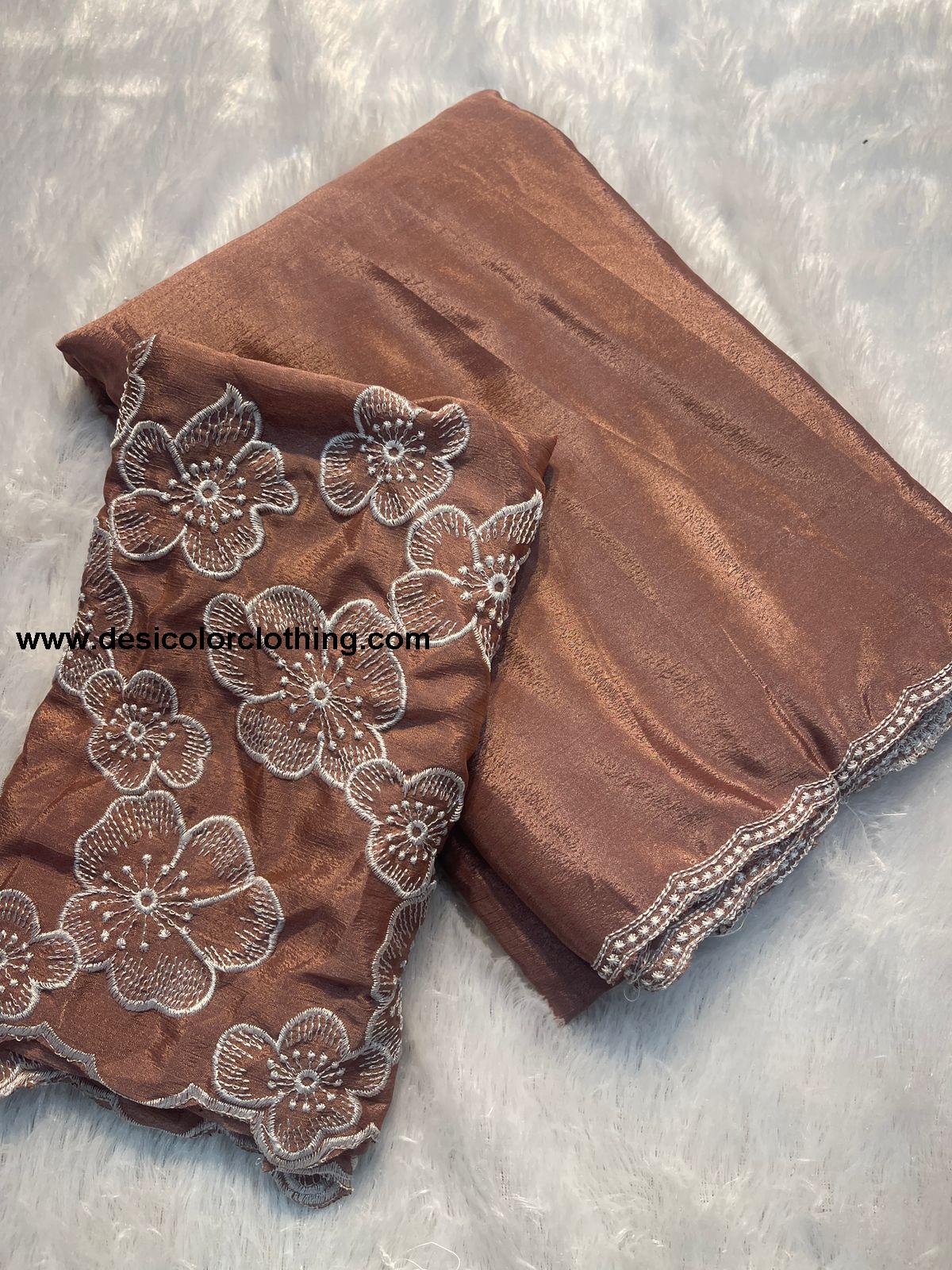 White Rose Chinon Saree with Multi-Embroidery and Piping Work