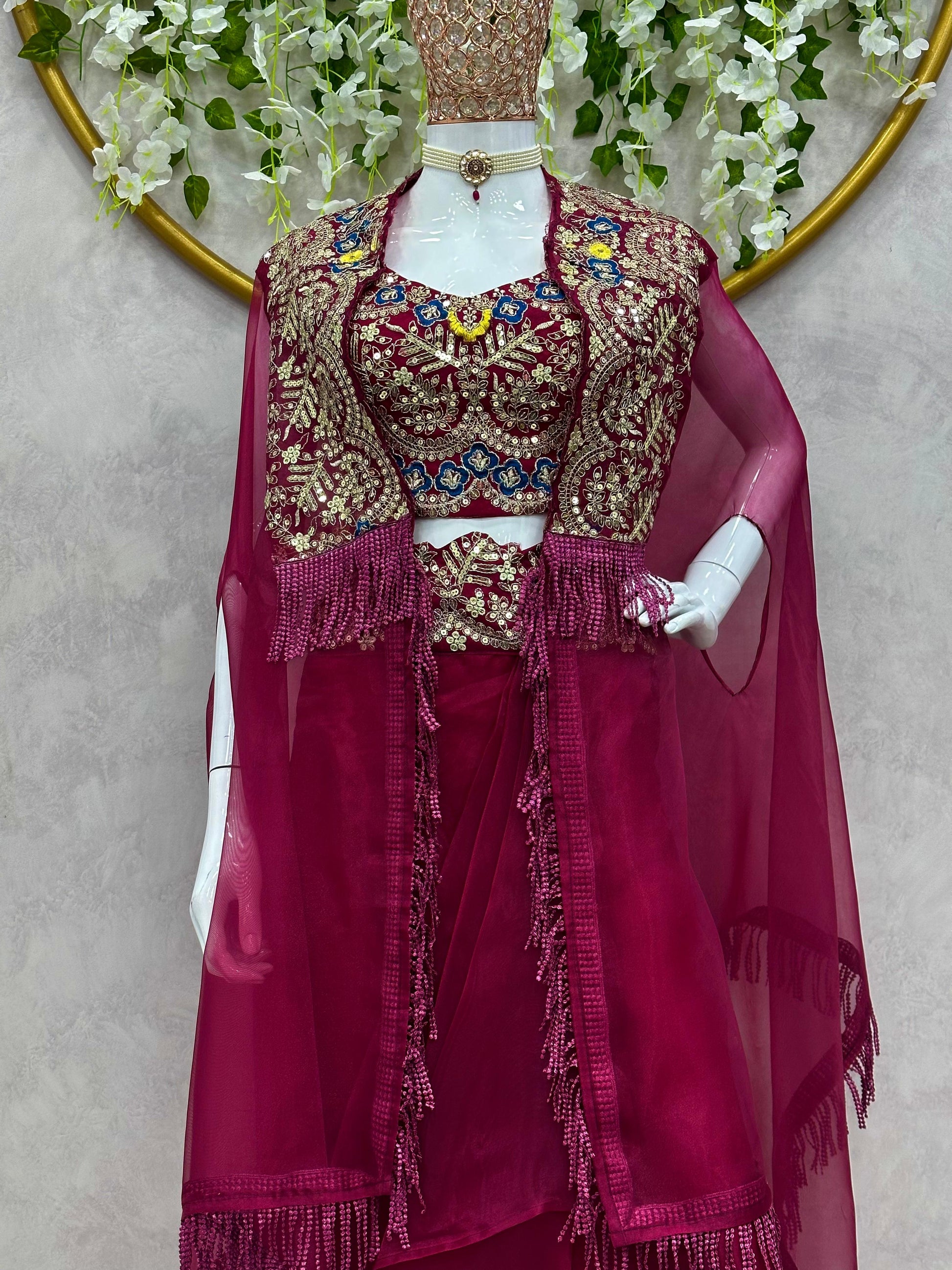 Product Image - Elegant Designer Western Style Dhoti with Choli and Shrug in Organza Silk