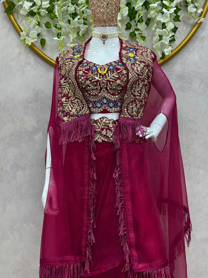 Product Image - Elegant Designer Western Style Dhoti with Choli and Shrug in Organza Silk