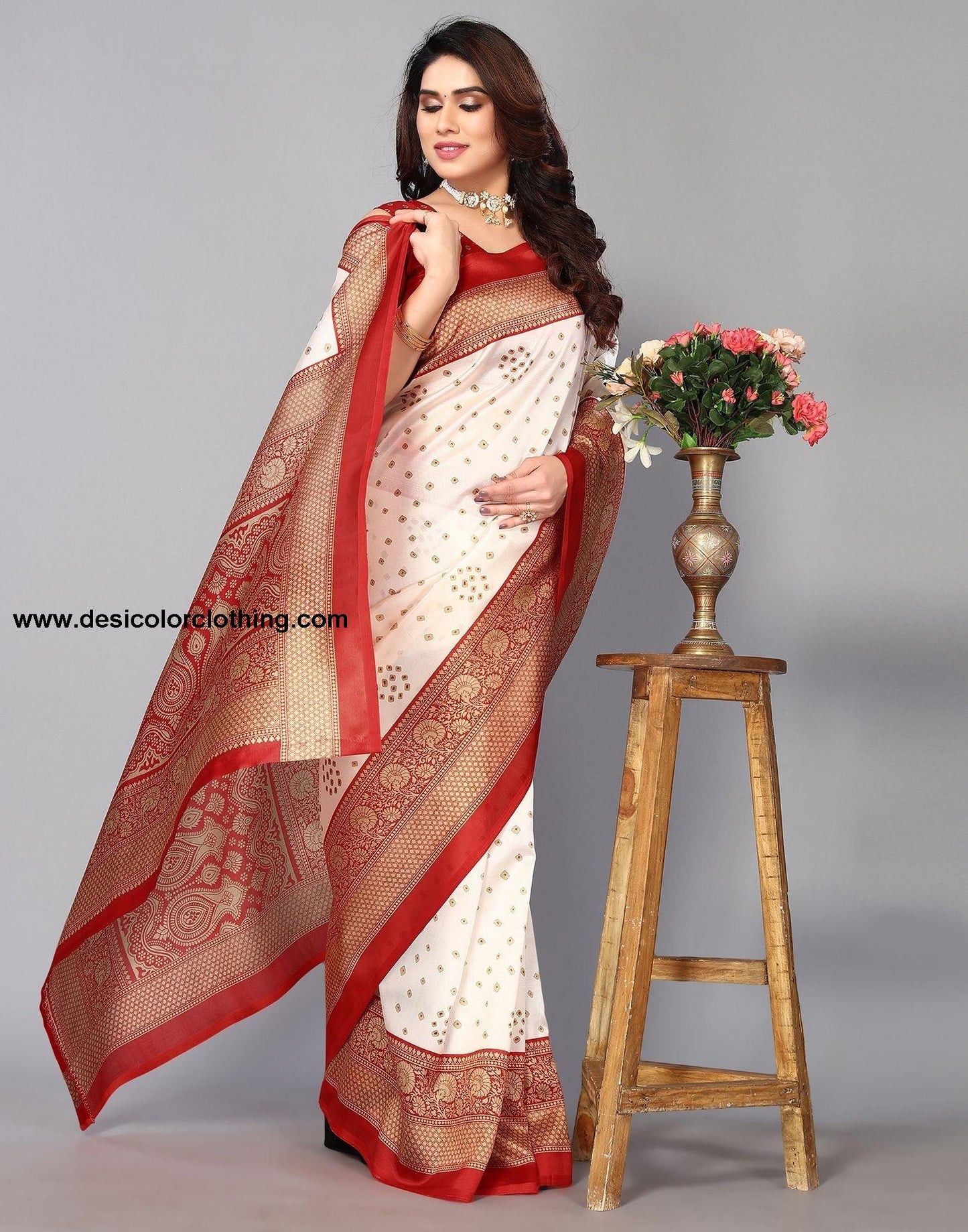 White Silk Printed Saree
