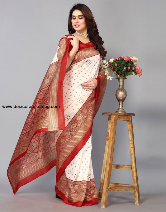White Silk Printed Saree