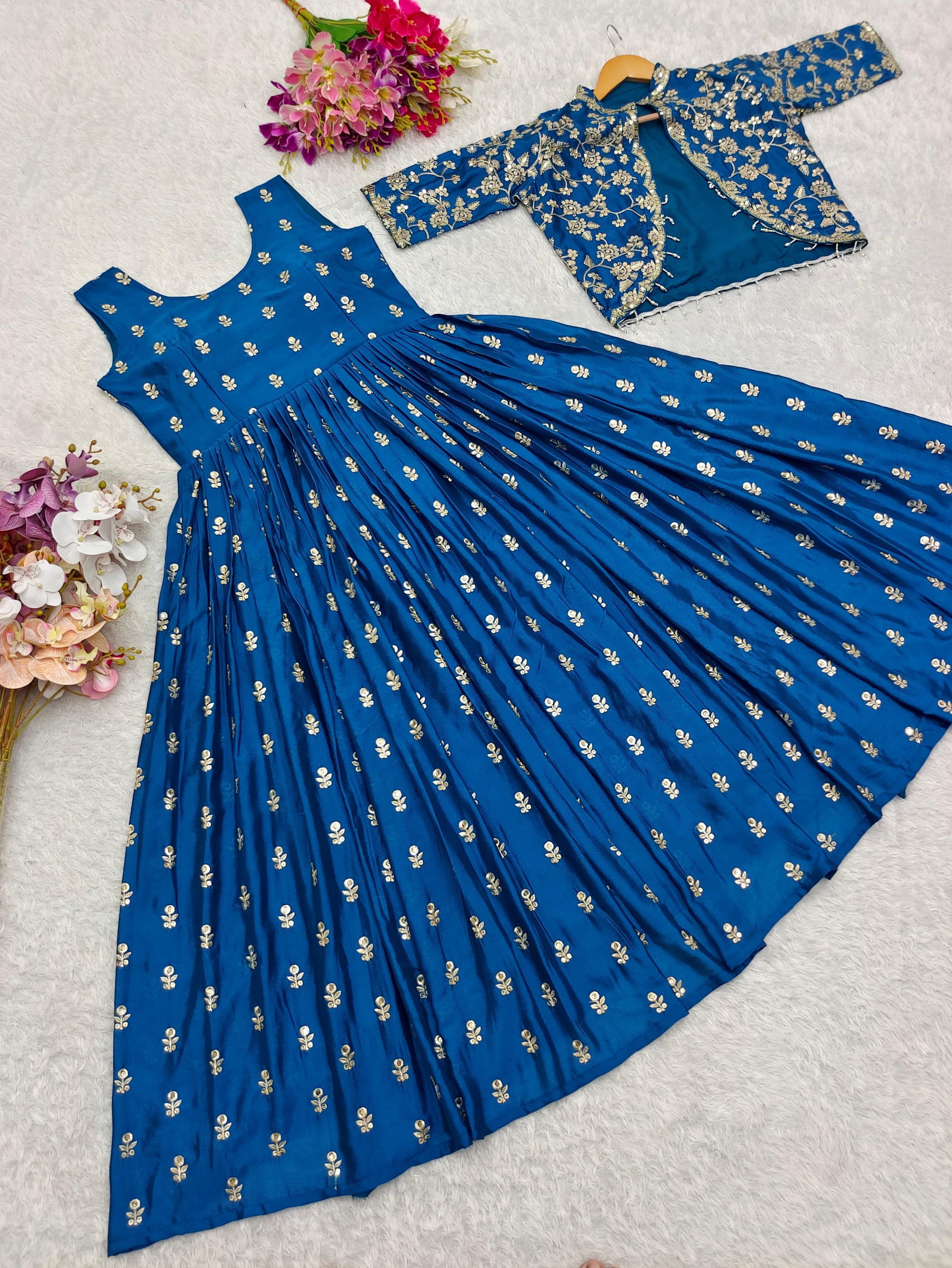 Product Image - Exquisite Cinon Silk Gown-Jacket Set for Festive and Wedding Wear