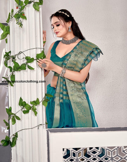 Teal Blue Plain Organza Saree