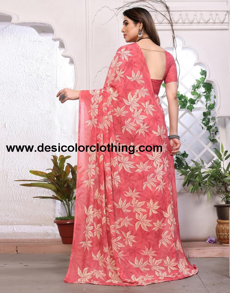 Rose Pink Georgette Floral Printed Saree
